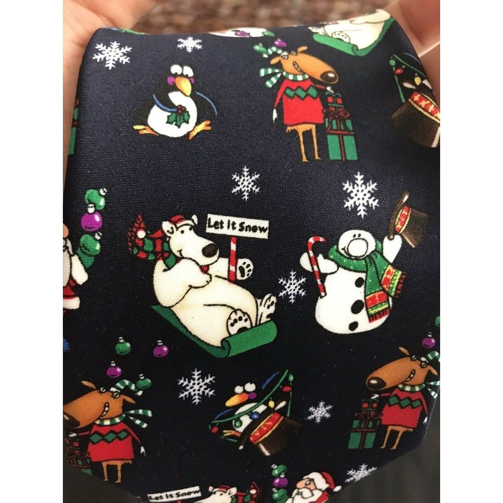 Hallmark Holiday Tradition men’s Dark Blue Tie Polyester 56.5” Penguin Santa